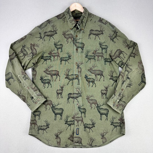 Woolrich Flannel Shirt Mens Large Green Elk AOP Long Sleeve Button Up Retro Work - Picture 2 of 10
